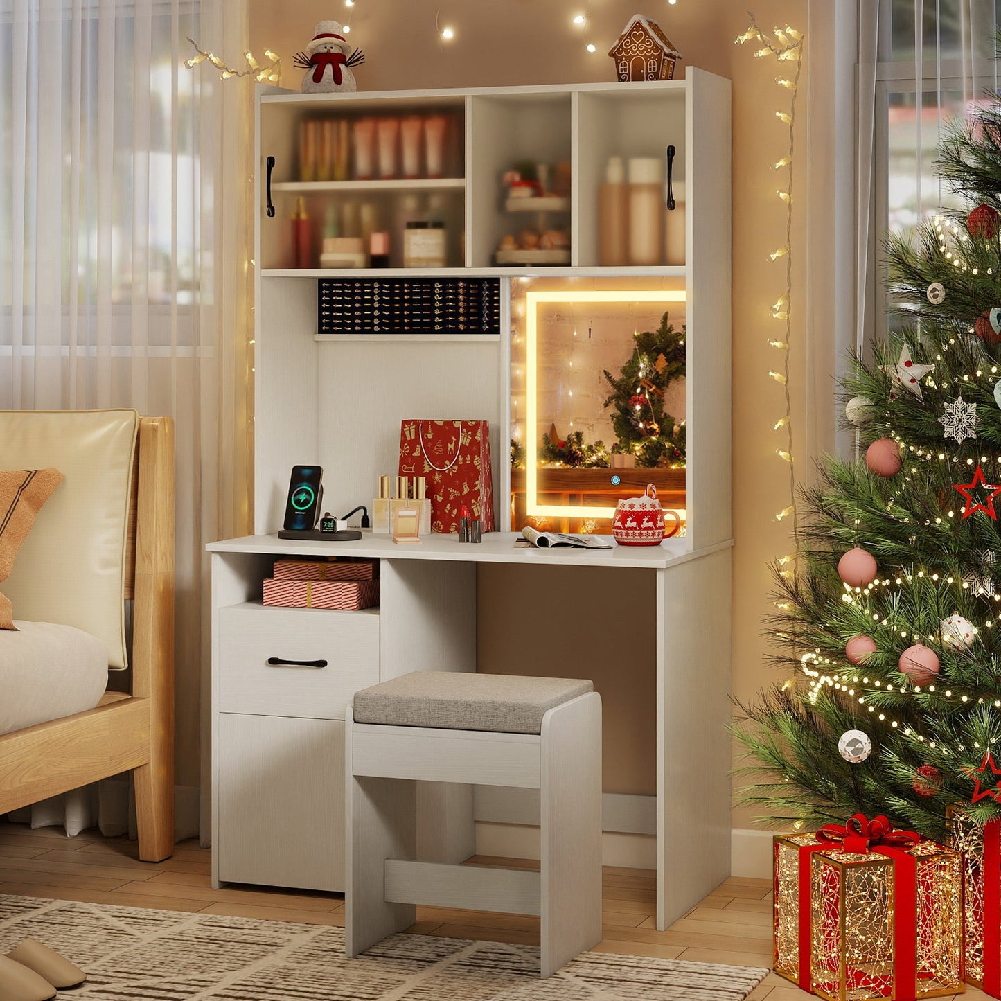 Makeup Dressing Table with Power Outlets and Jewelry Storage-White