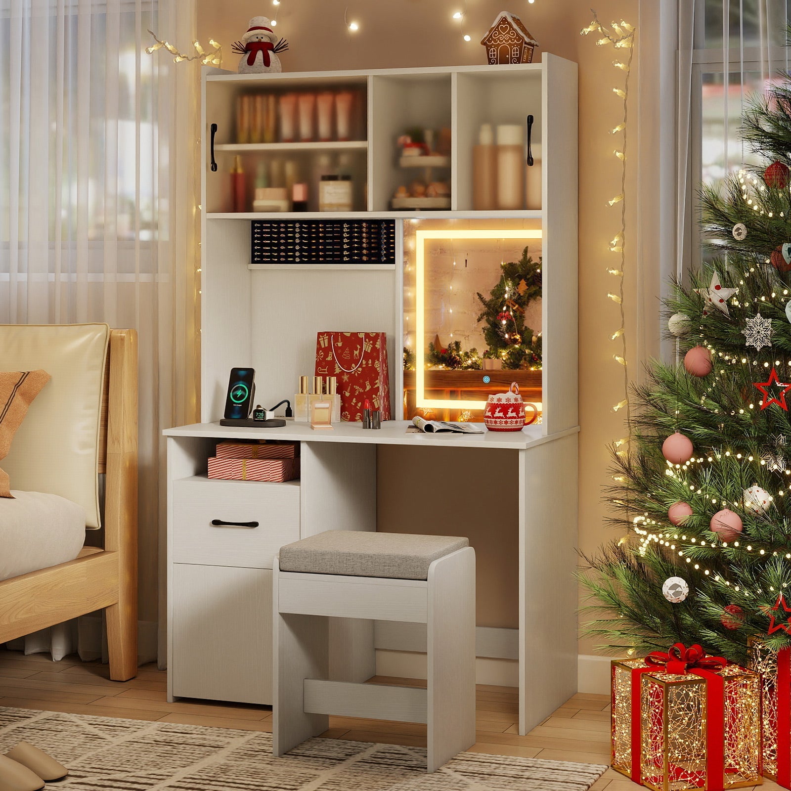 Makeup Dressing Table with Power Outlets and Jewelry Storage-White
