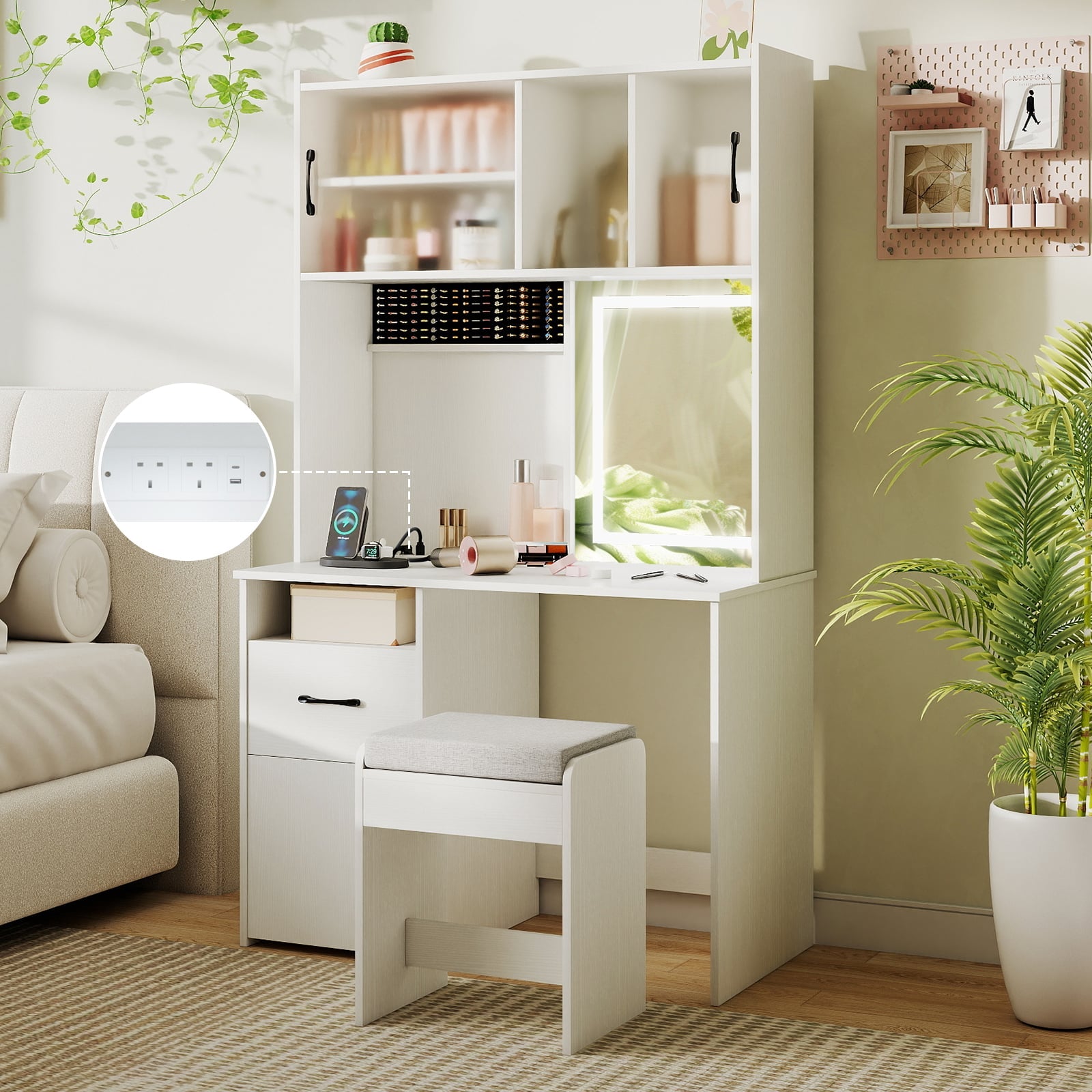 Makeup Dressing Table with Power Outlets and Jewelry Storage-White