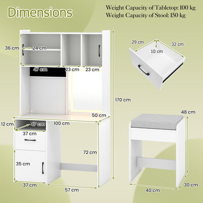 Makeup Dressing Table with Power Outlets and Jewelry Storage-White