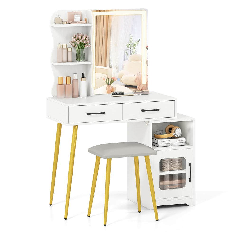 Makeup Dressing Table with Reversible Cabinet and 3 Light Colors-White