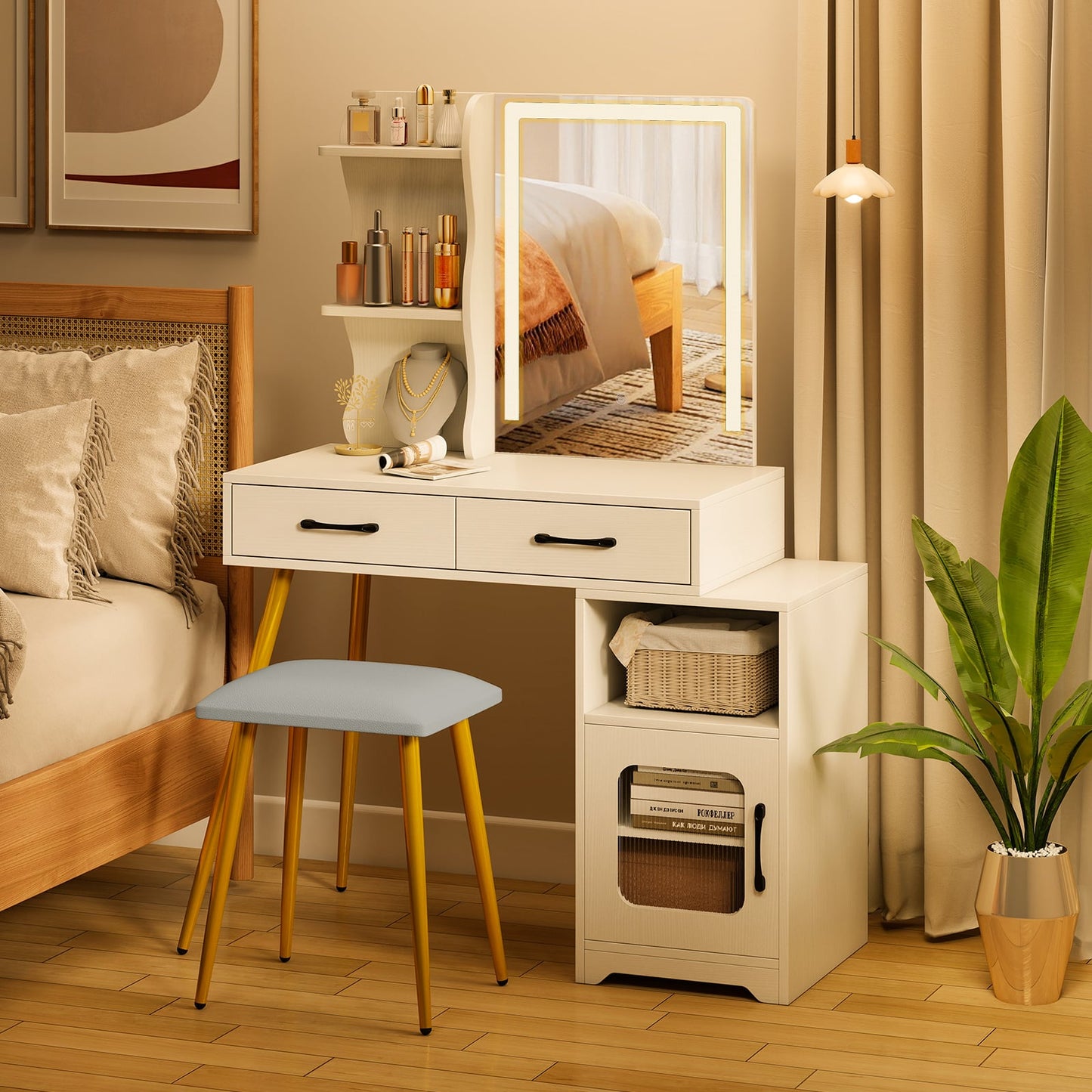 Makeup Dressing Table with Reversible Cabinet and 3 Light Colors-White