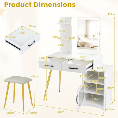 Makeup Dressing Table with Reversible Cabinet and 3 Light Colors-White