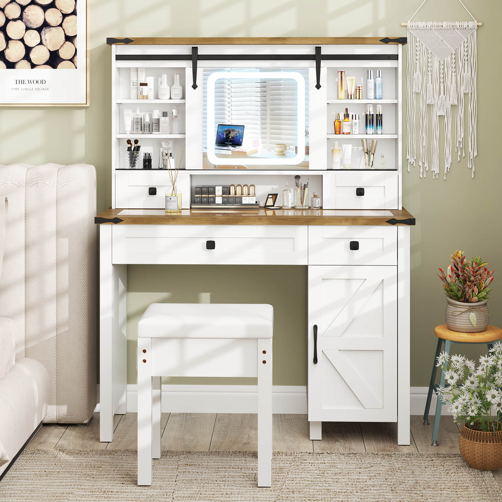Makeup Vanity Desk and Stool Set with Sliding Mirror and Cabinet-White