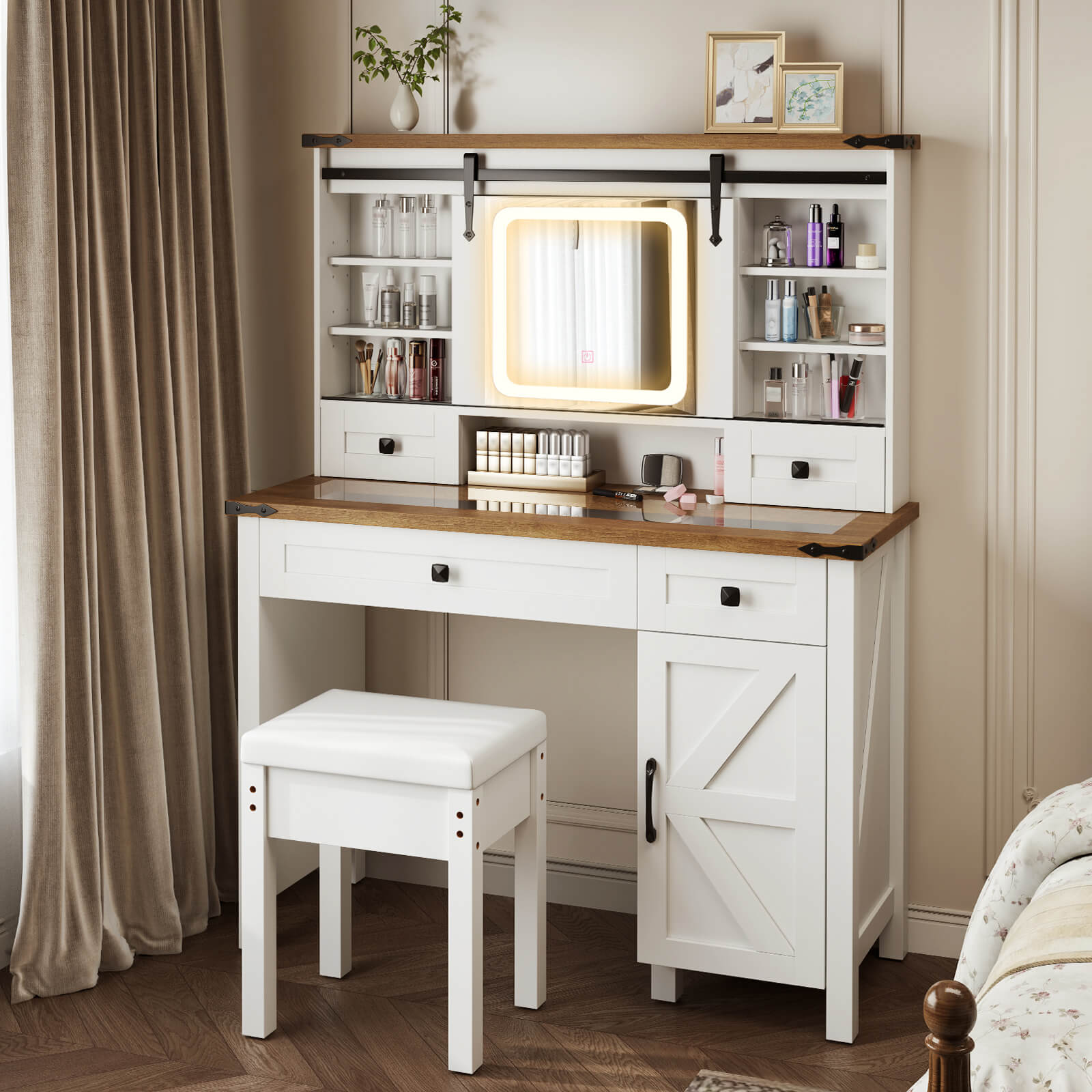 Makeup Vanity Desk and Stool Set with Sliding Mirror and Cabinet-White