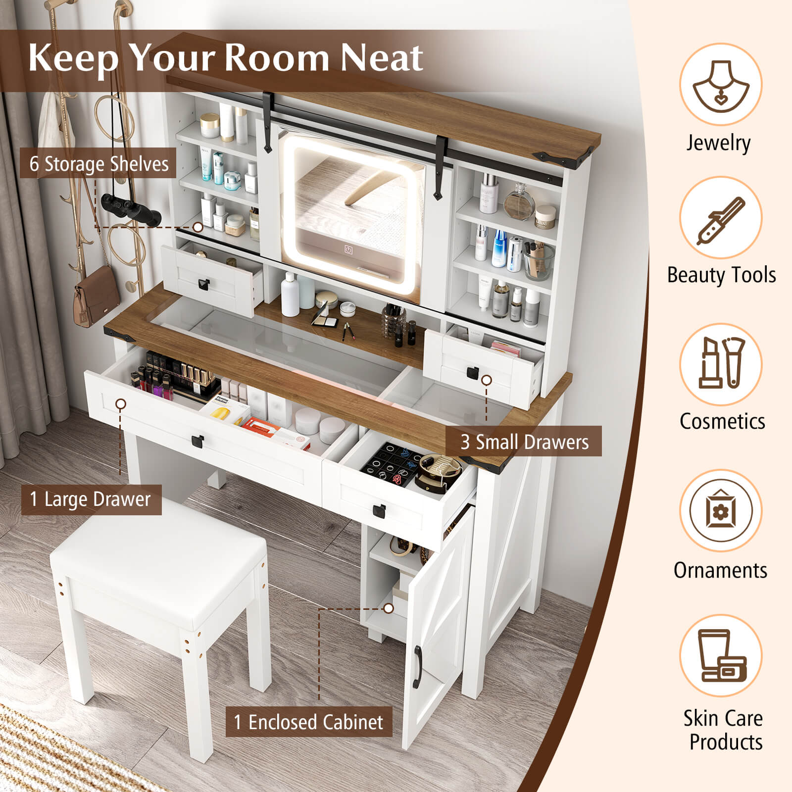 Makeup Vanity Desk and Stool Set with Sliding Mirror and Cabinet-White