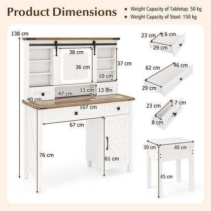 Makeup Vanity Desk and Stool Set with Sliding Mirror and Cabinet-White