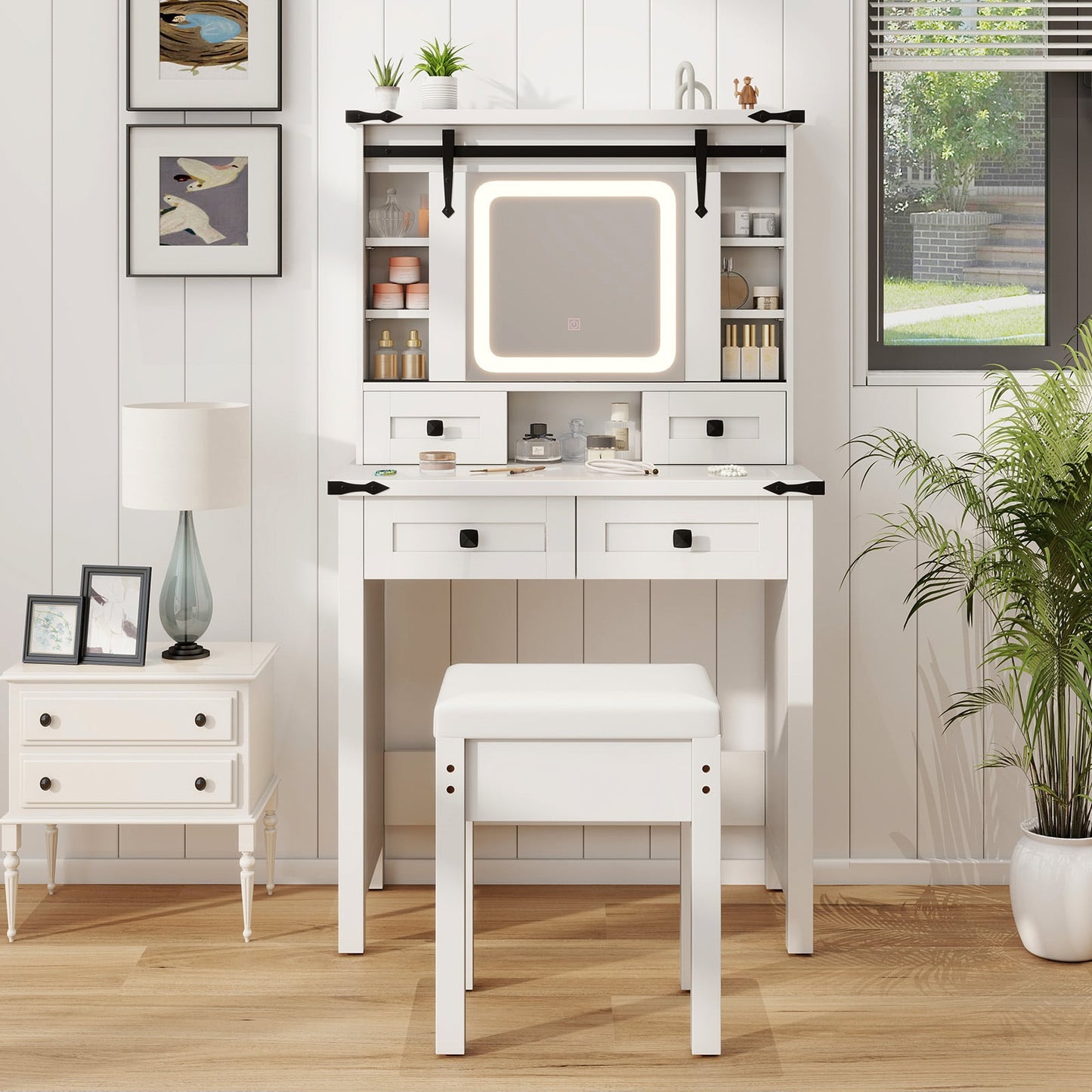 Makeup Vanity Desk and Stool Set with Mirror and Lights-White