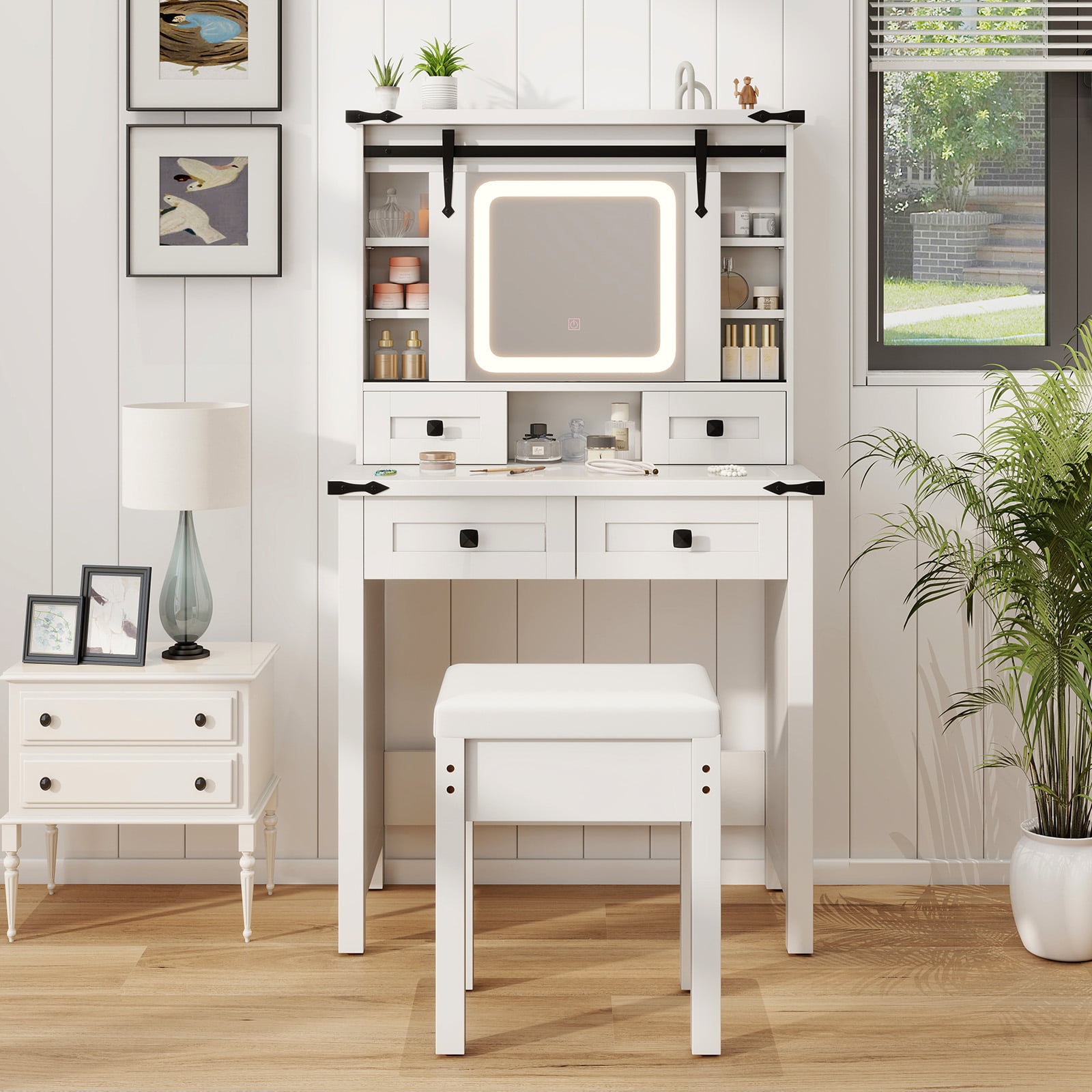 Makeup Vanity Desk and Stool Set with Mirror and Lights-White