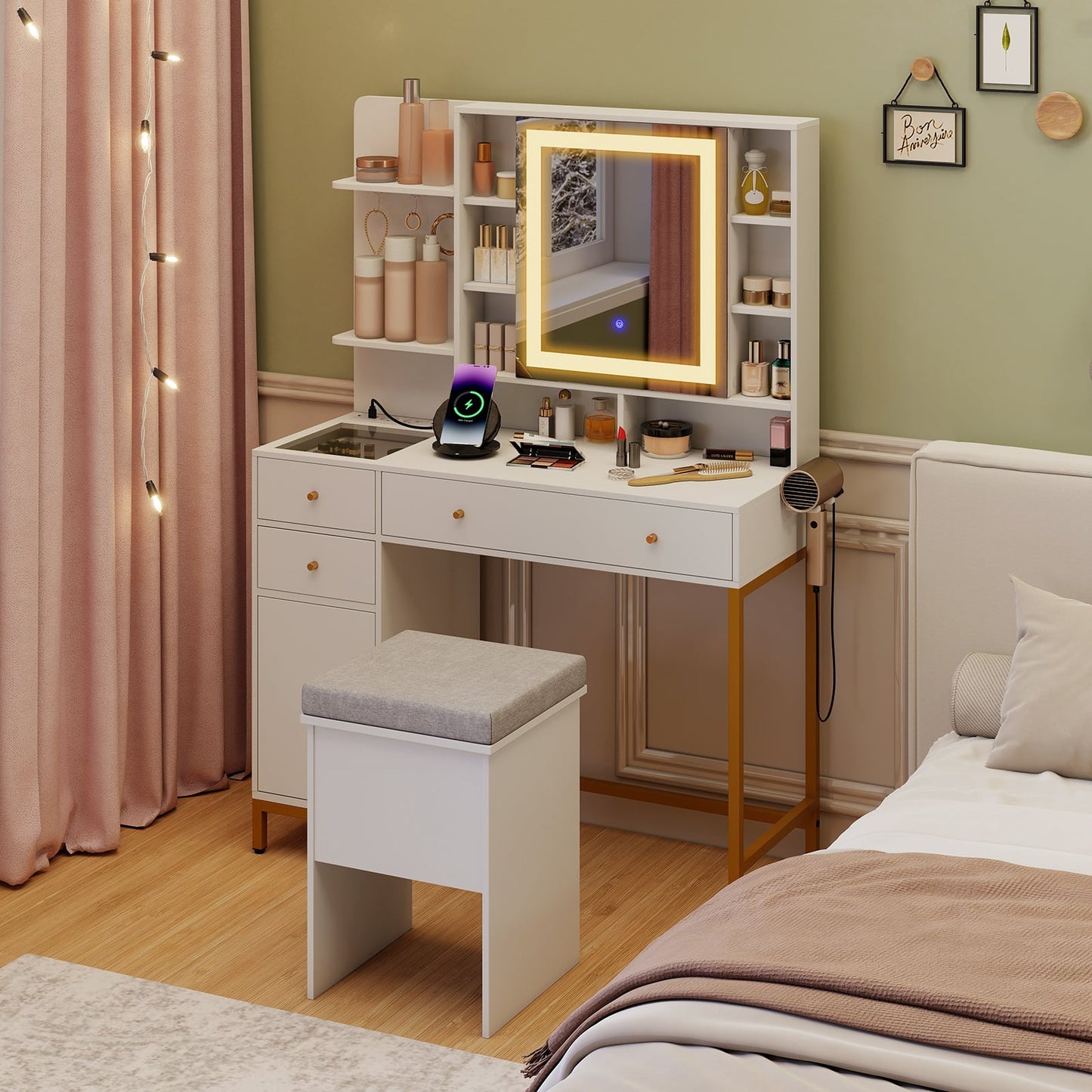 Makeup Vanity Desk with Lighted Mirror and LED Lights-White