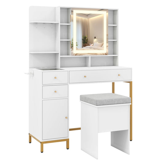 Makeup Vanity Desk with Lighted Mirror and LED Lights-White
