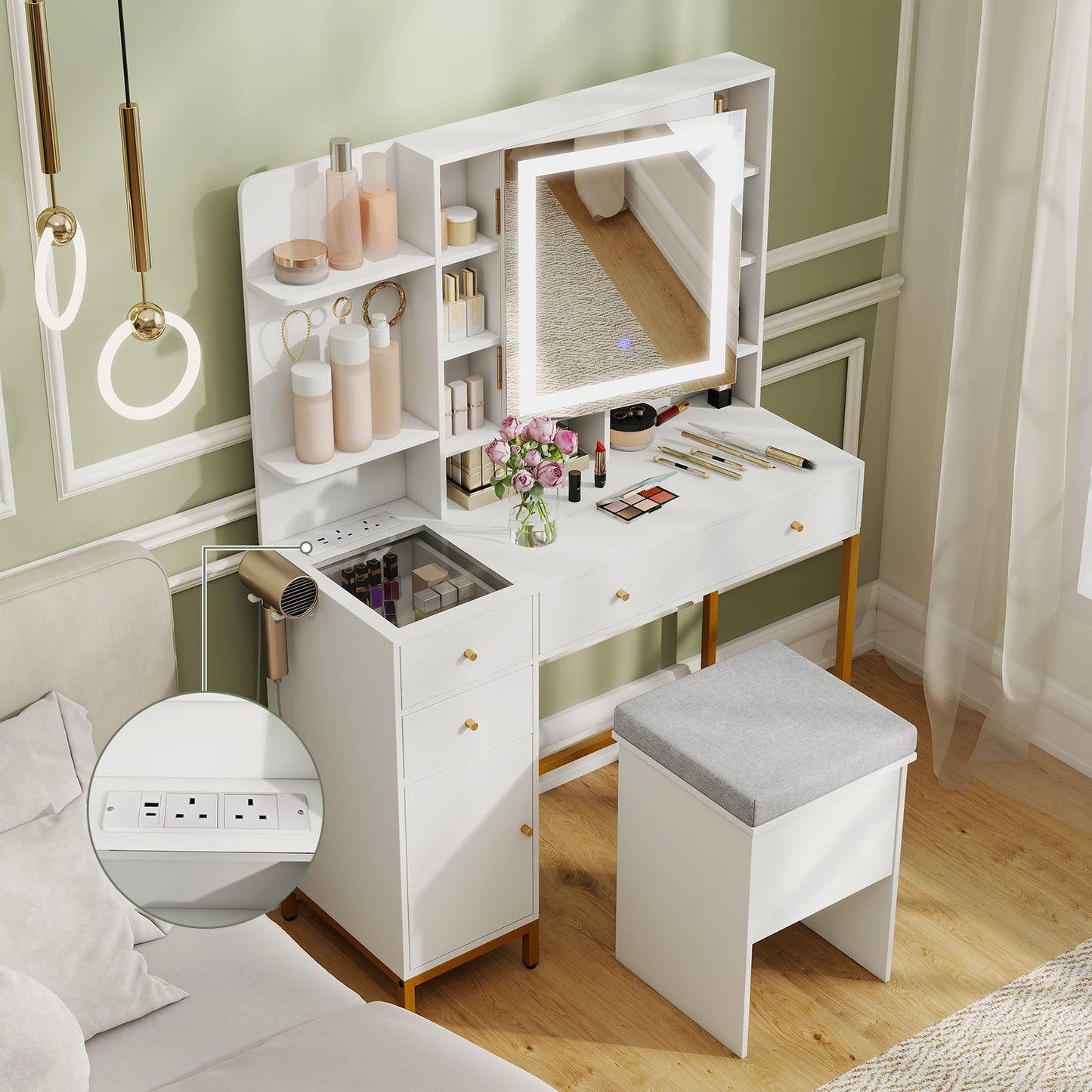 Makeup Vanity Desk with Lighted Mirror and LED Lights-White