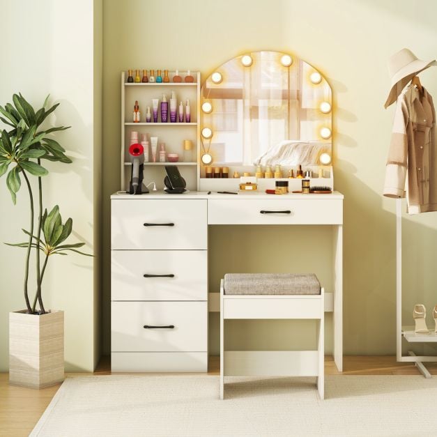 Makeup Vanity Desk with Mirror and Lights Dressing Table and Stool Set-White