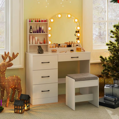 Makeup Vanity Desk with Mirror and Lights Dressing Table and Stool Set-White