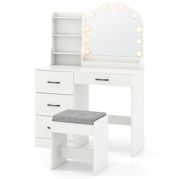 Makeup Vanity Desk with Mirror and Lights Dressing Table and Stool Set-White