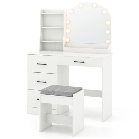 Makeup Vanity Desk with Mirror and Lights Dressing Table and Stool Set-White