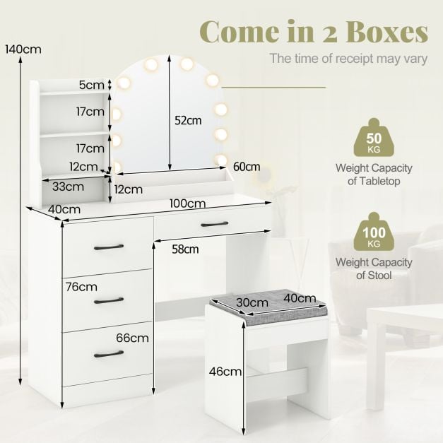 Makeup Vanity Desk with Mirror and Lights Dressing Table and Stool Set-White