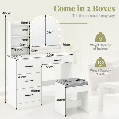 Makeup Vanity Desk with Mirror and Lights Dressing Table and Stool Set-White