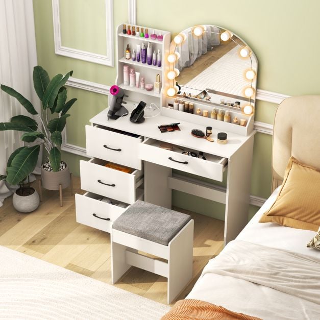 Makeup Vanity Desk with Mirror and Lights Dressing Table and Stool Set-White