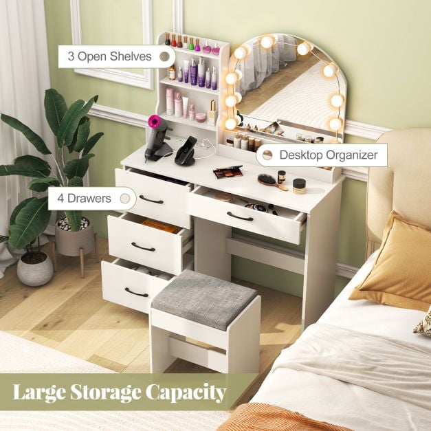 Makeup Vanity Desk with Mirror and Lights Dressing Table and Stool Set-White