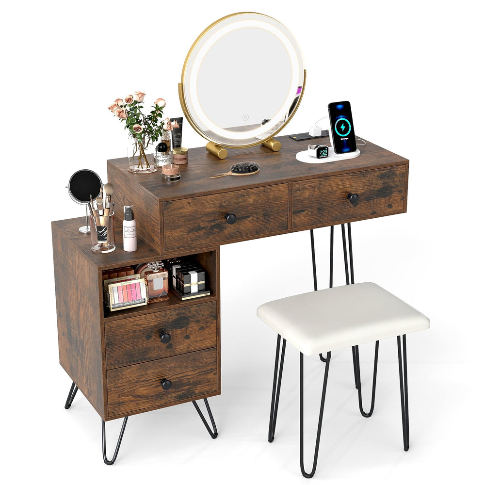 Makeup Vanity Desk with Rotatable Mirror and 4 Pull-out Drawers-Rustic Brown