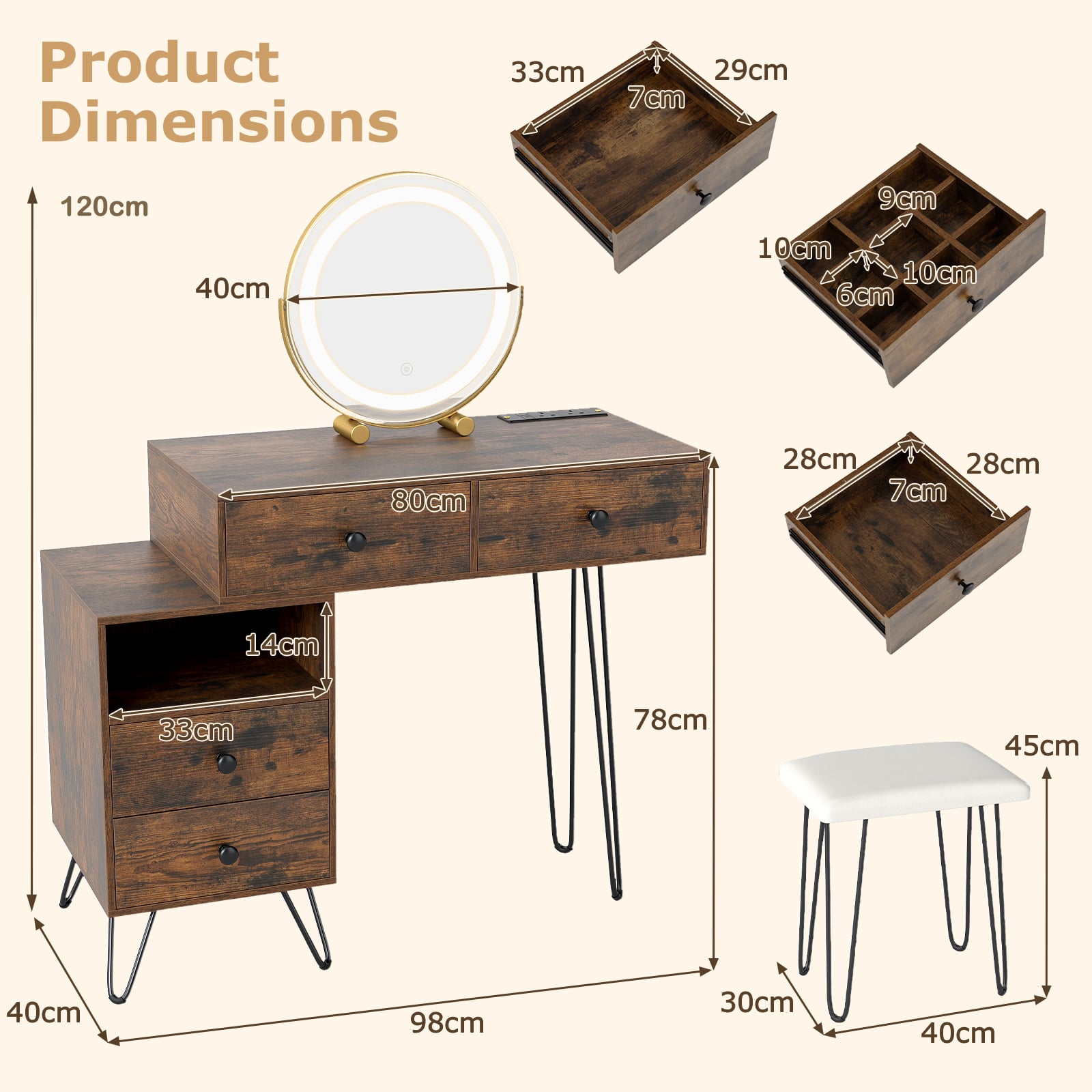 Makeup Vanity Desk with Rotatable Mirror and 4 Pull-out Drawers-Rustic Brown