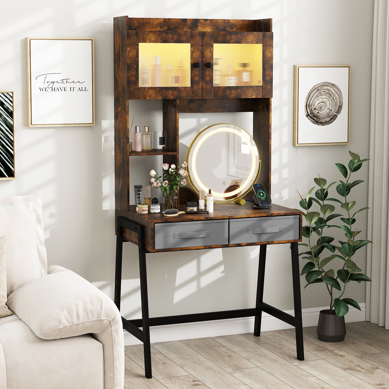 Makeup Vanity Desk with Rotating Mirror and Adjustable Light-Rustic Brown