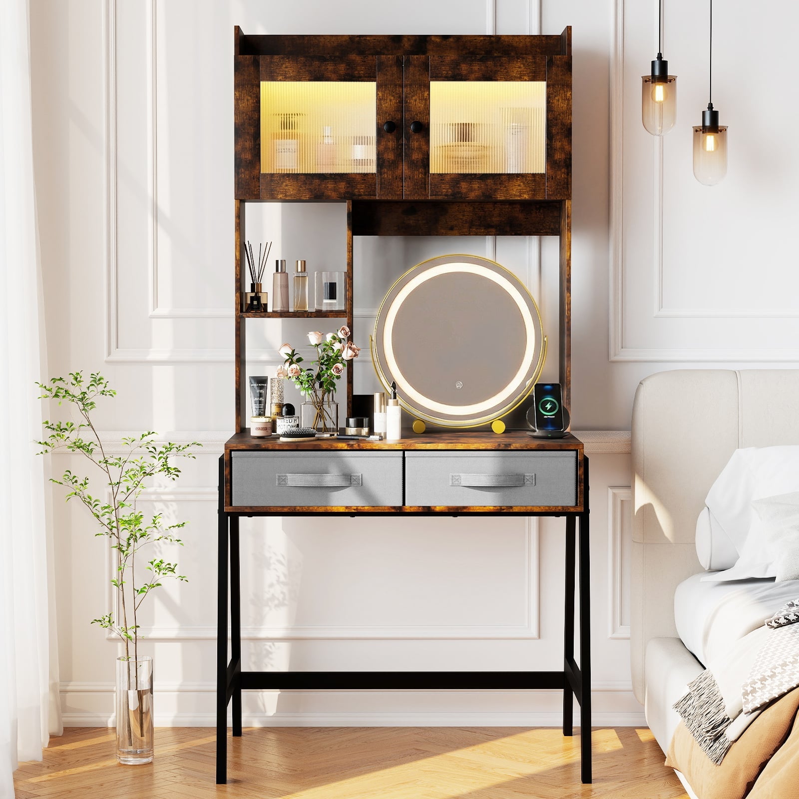 Makeup Vanity Desk with Rotating Mirror and Adjustable Light-Rustic Brown