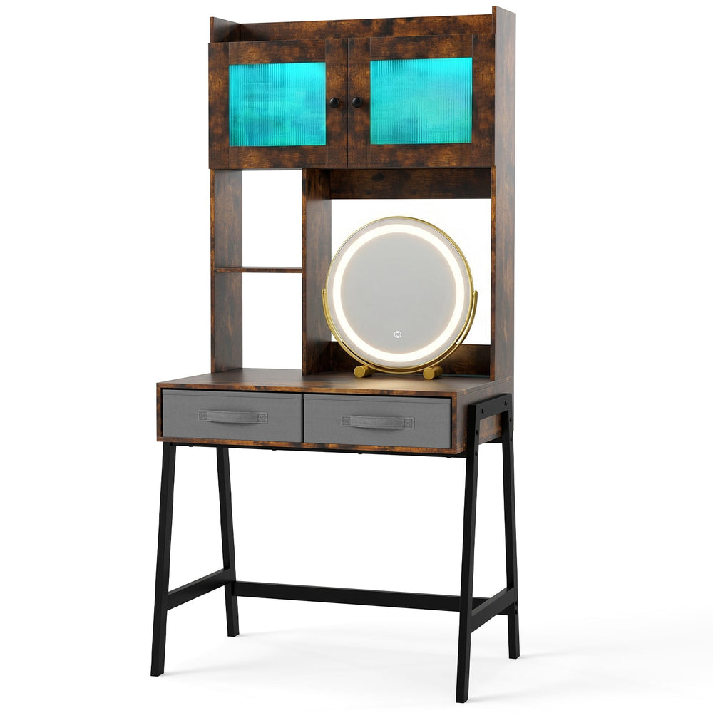 Makeup Vanity Desk with Rotating Mirror and Adjustable Light-Rustic Brown