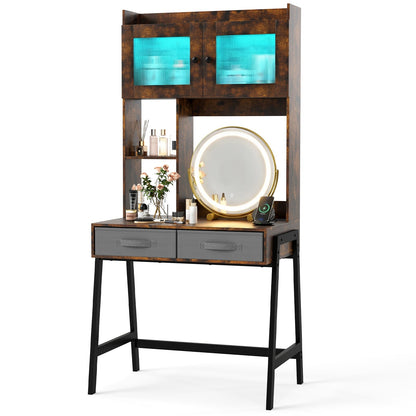 Makeup Vanity Desk with Rotating Mirror and Adjustable Light-Rustic Brown