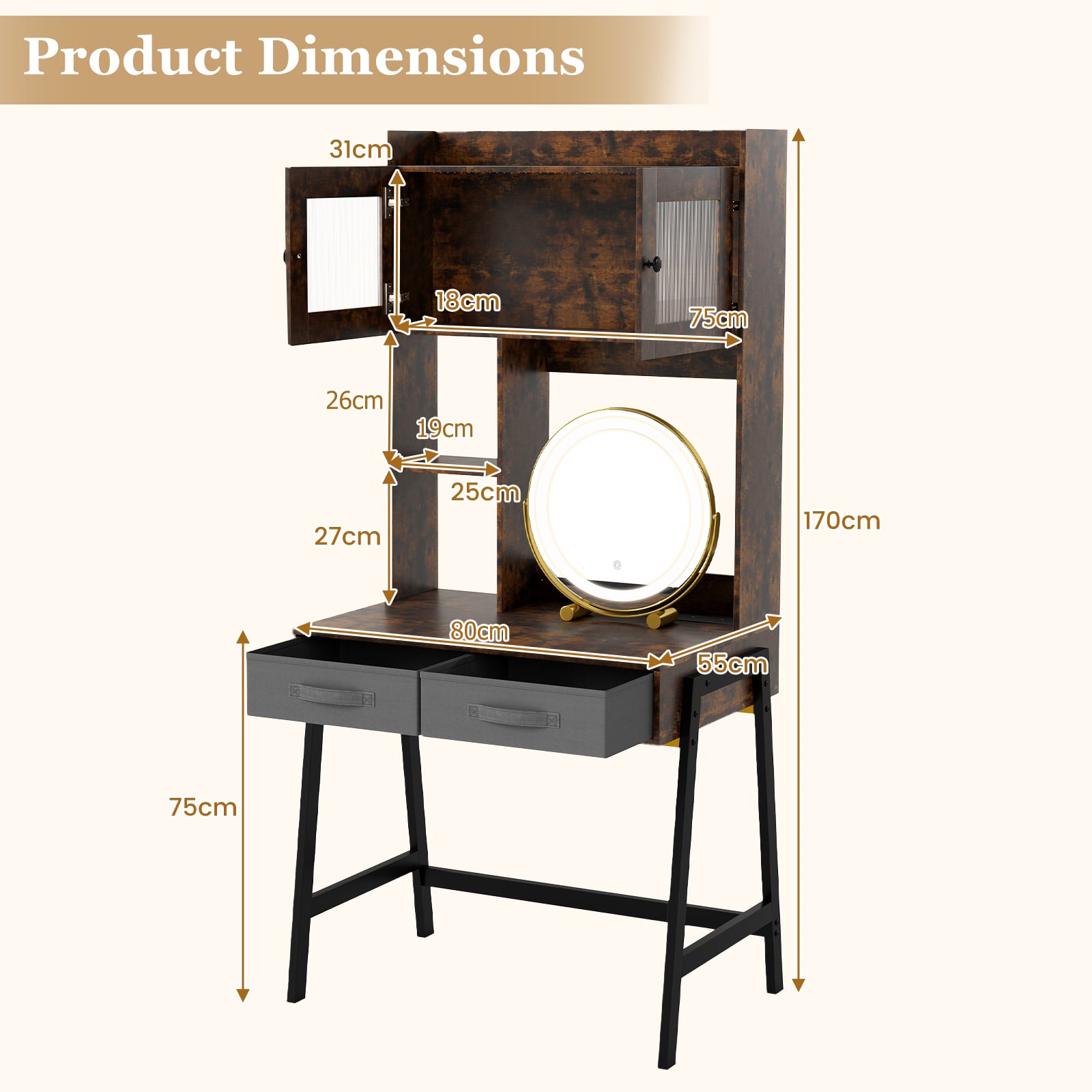 Makeup Vanity Desk with Rotating Mirror and Adjustable Light-Rustic Brown
