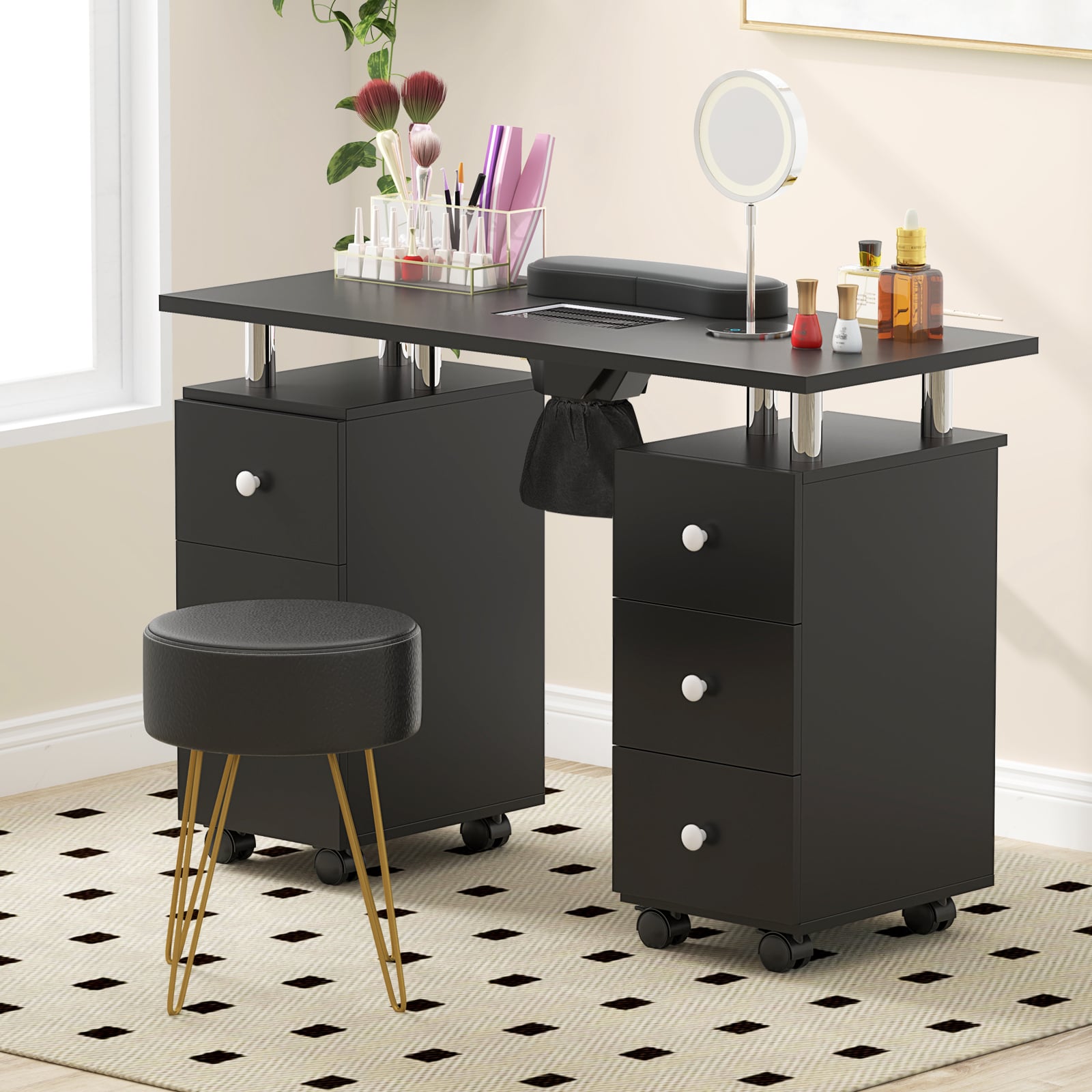 Manicure Table Nail Desk with Electric Dust Collector-Black