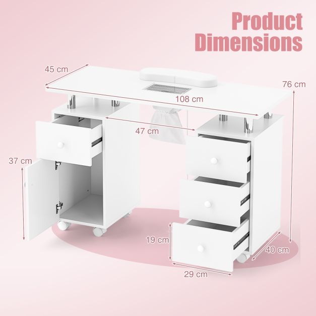 Manicure Table Nail Desk with Electric Dust Collector-White