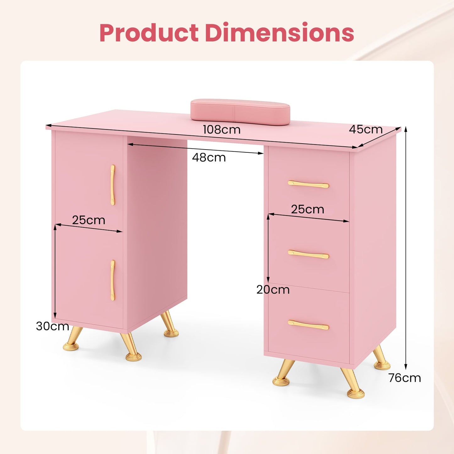 Manicure Table with 8 Metal Legs and Wrist Pad-Pink
