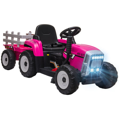 HOMCOM 12V Kids Ride on Tractor with Detachable Trailer, Remote, Soft Start, Seat Belt, Music, USB, Horn, Lights for 3-6, Pink