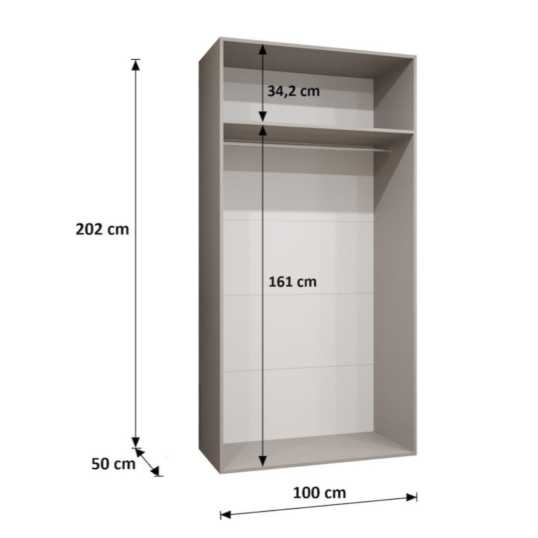Gray wardrobe with dimensions labeled on a white background