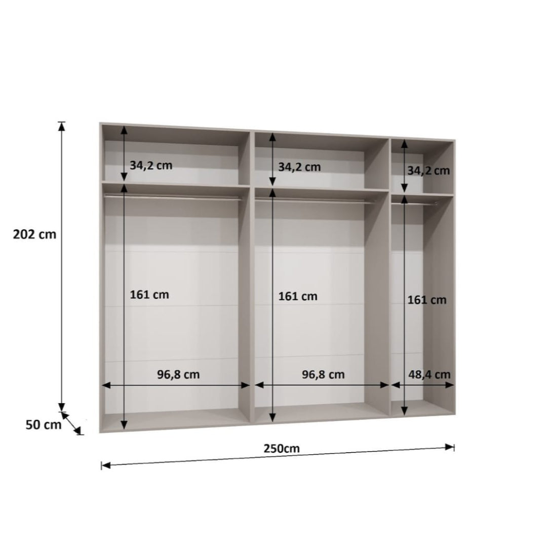 Dimensions of a wardrobe with labeled measurements on a white background