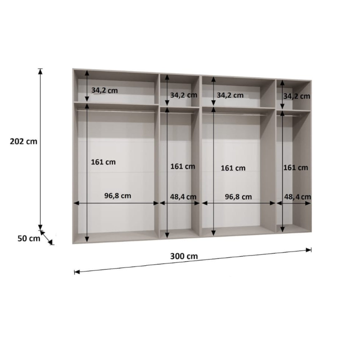 Measurement chart of a wardrobe with dimensions labeled