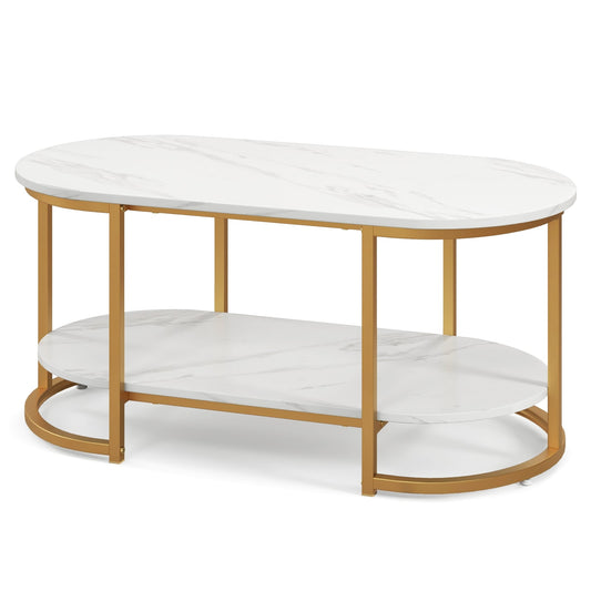 Marble Coffee Table with Open Storage Shelf-White