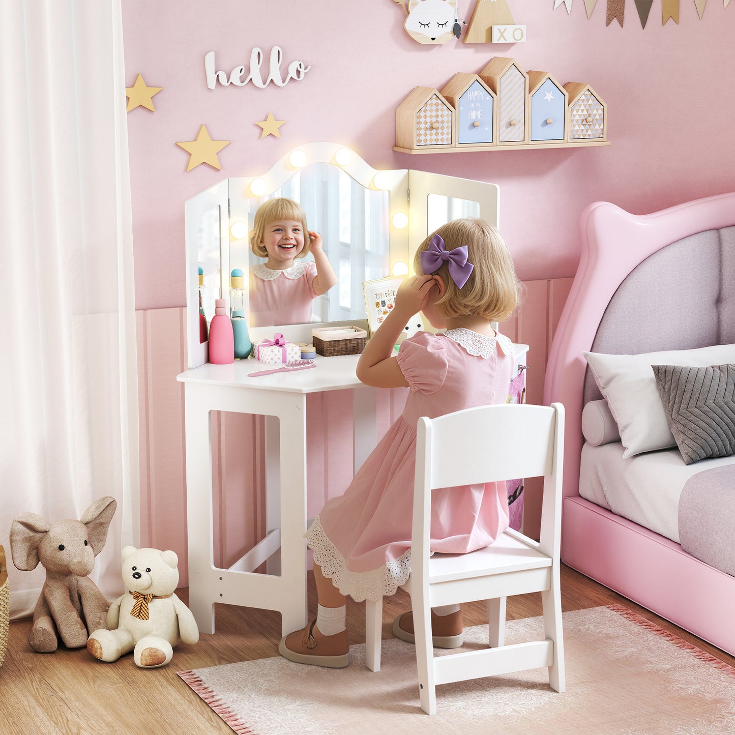 AIYAPLAY Kids Dressing Table and Stool Set, Girls Vanity Table with 2-Colour LED Lights, Tri-Folding Mirror, White