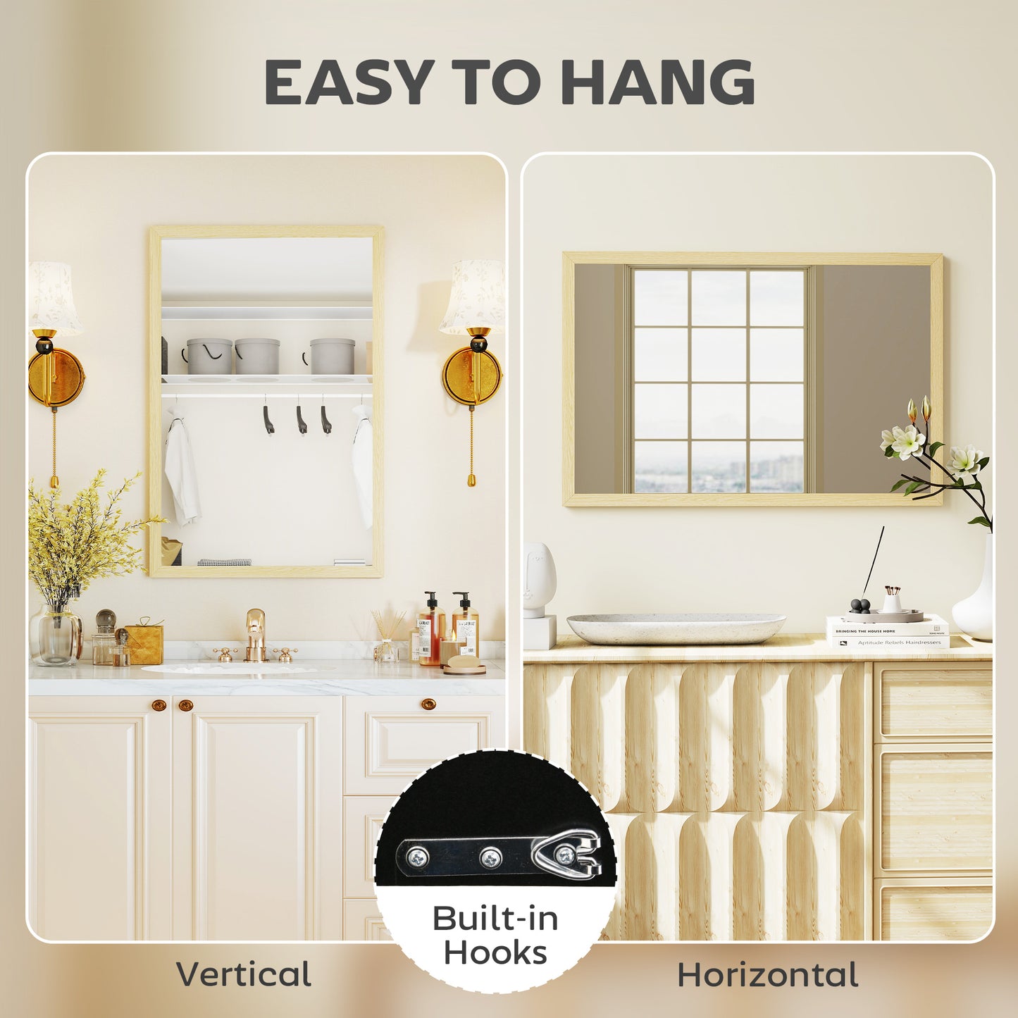 HOMCOM Wall Bathroom Mirror, 60 x 40 cm Wall-Mounted Mirror for Living Room, Bedroom, Hallway, Natural Wood Finish