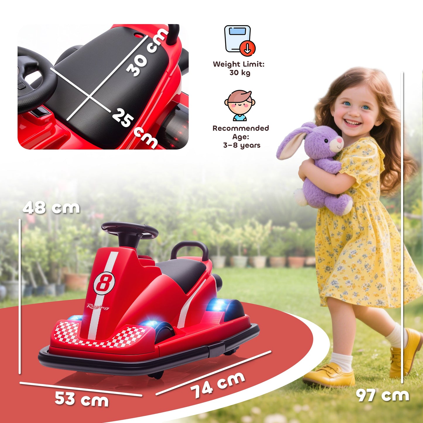 AIYAPLAY Kids Bumper Car, 360Â° Rotation Spin Electric Walzer Car with LED Lights, Music for Ages 3-8 Years Old, Red