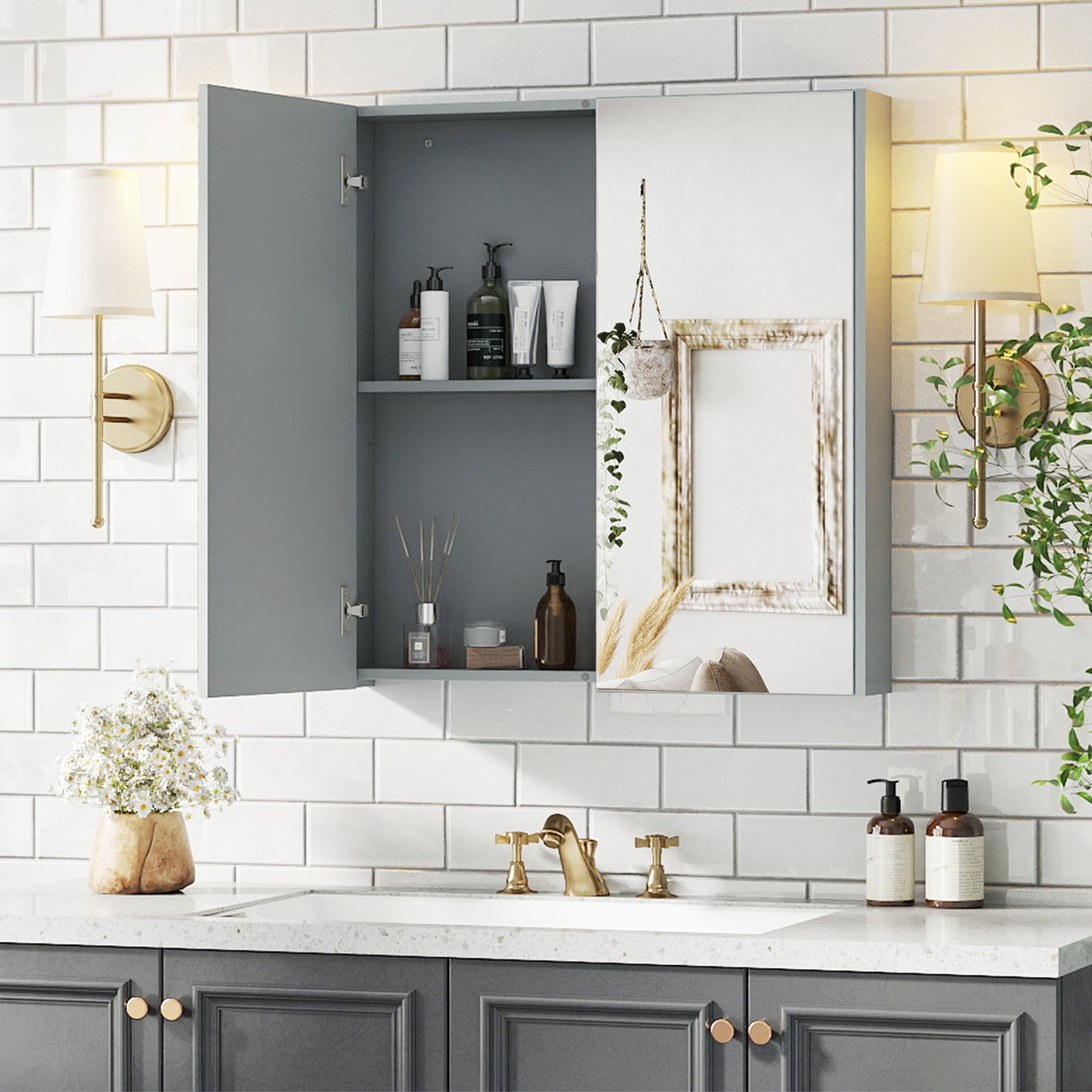 Medicine Cabinet with Mirror and Double Mirrored Doors -Grey