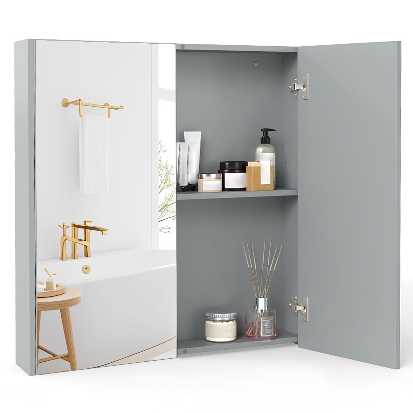 Medicine Cabinet with Mirror and Double Mirrored Doors -Grey