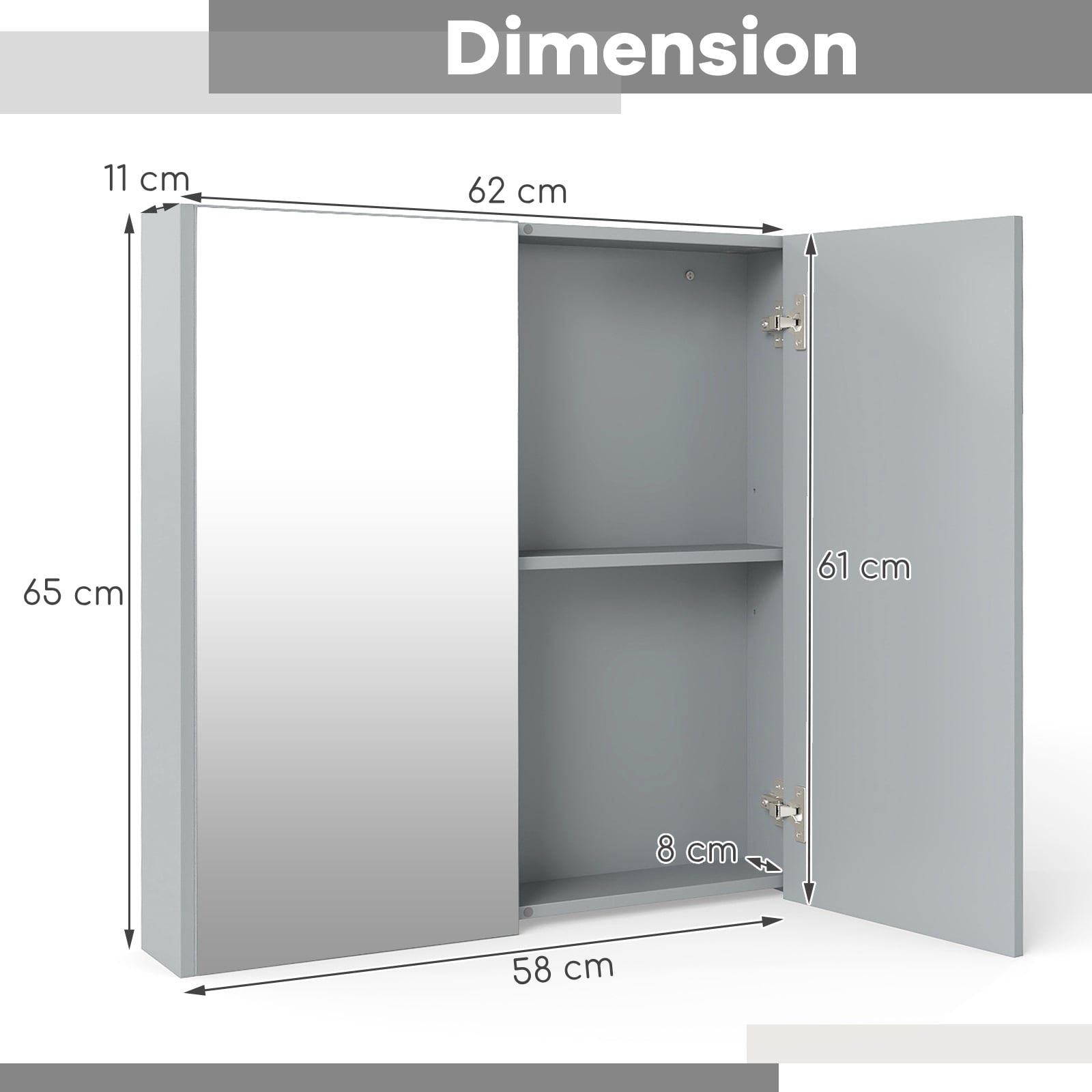 Medicine Cabinet with Mirror and Double Mirrored Doors -Grey