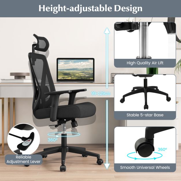 Mesh Ergonomic Office Chair Adjustable Swivel Task Chair-Black