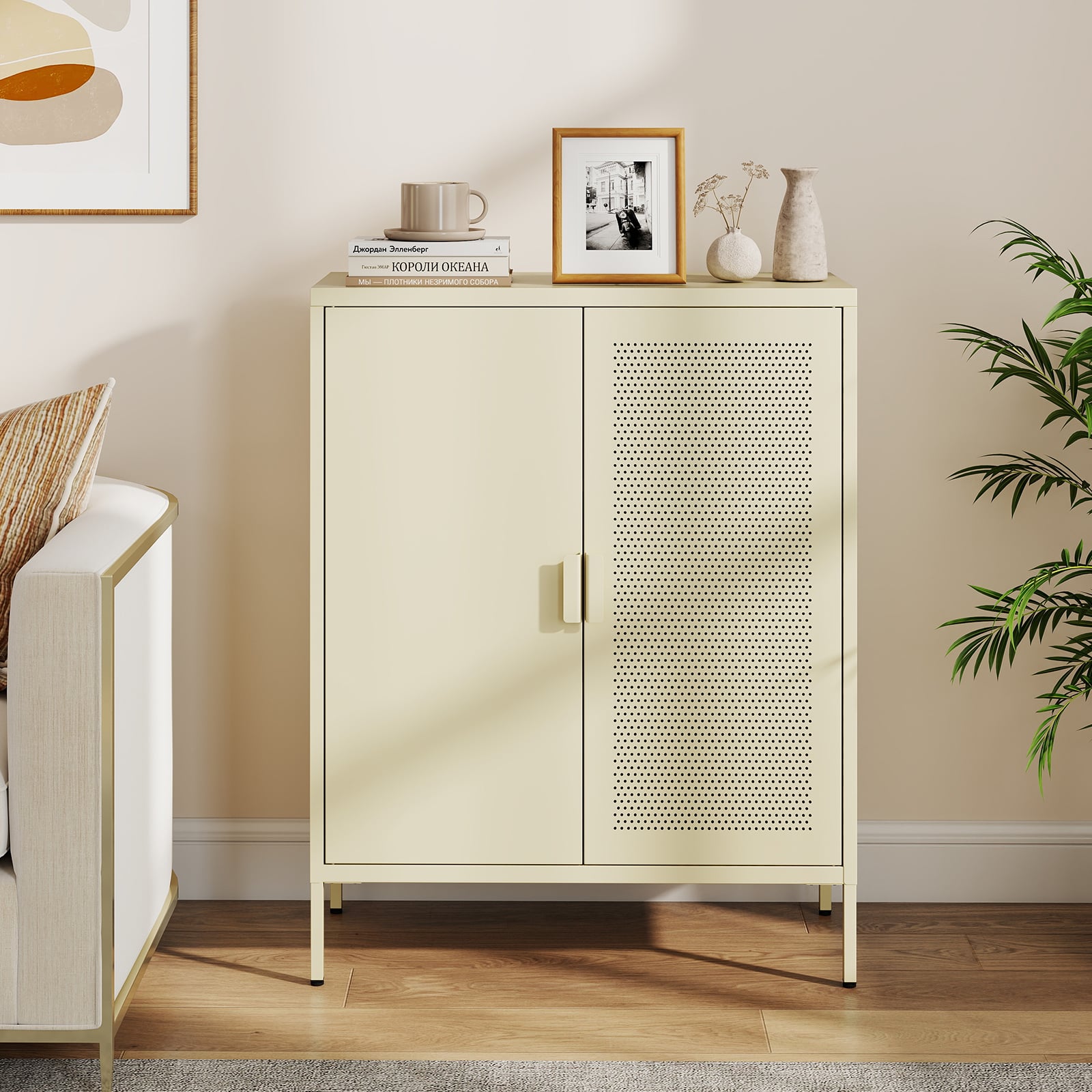 Metal Buffet Sideboard with 2 Doors and Adjustable Shelves-Yellow