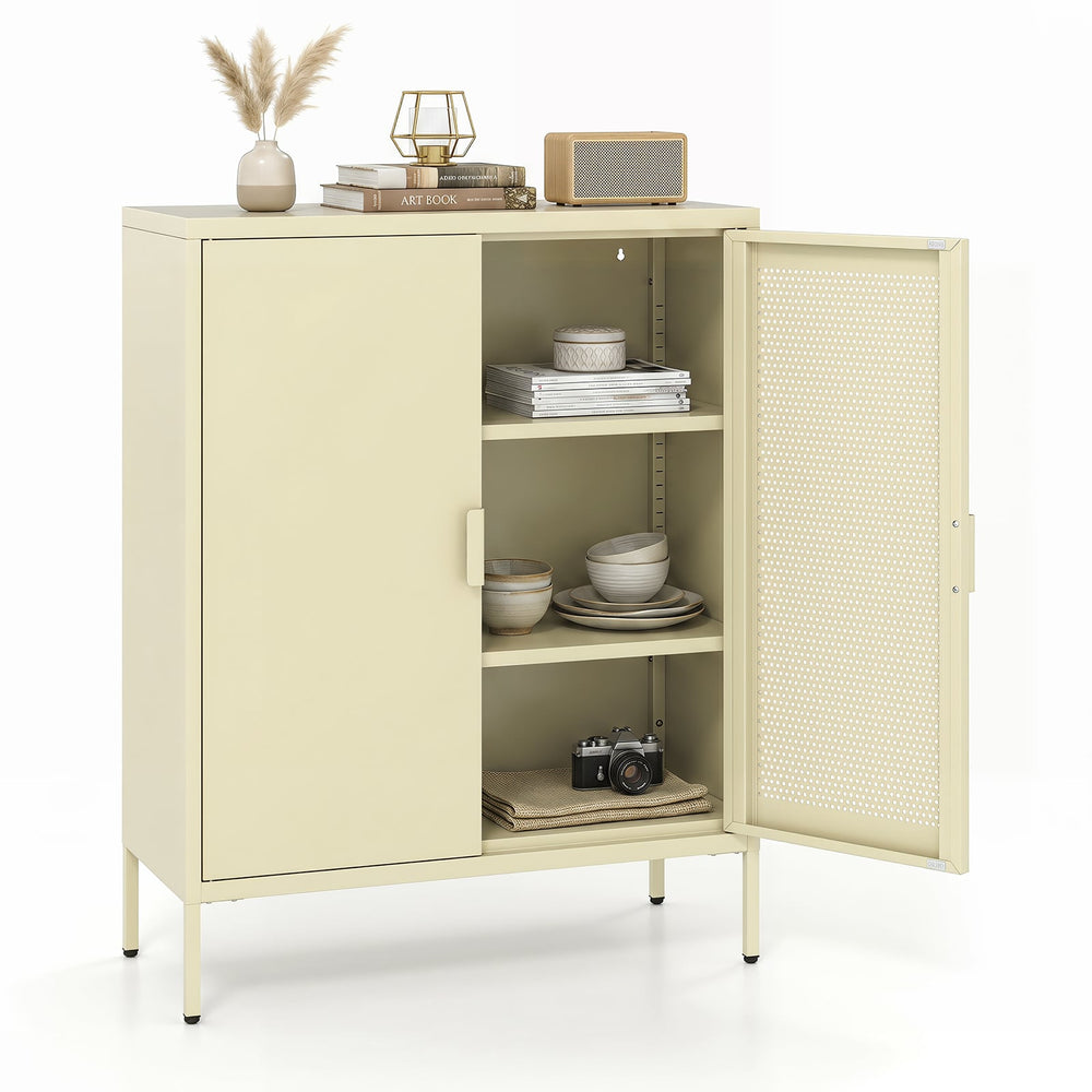Metal Buffet Sideboard with 2 Doors and Adjustable Shelves-Yellow