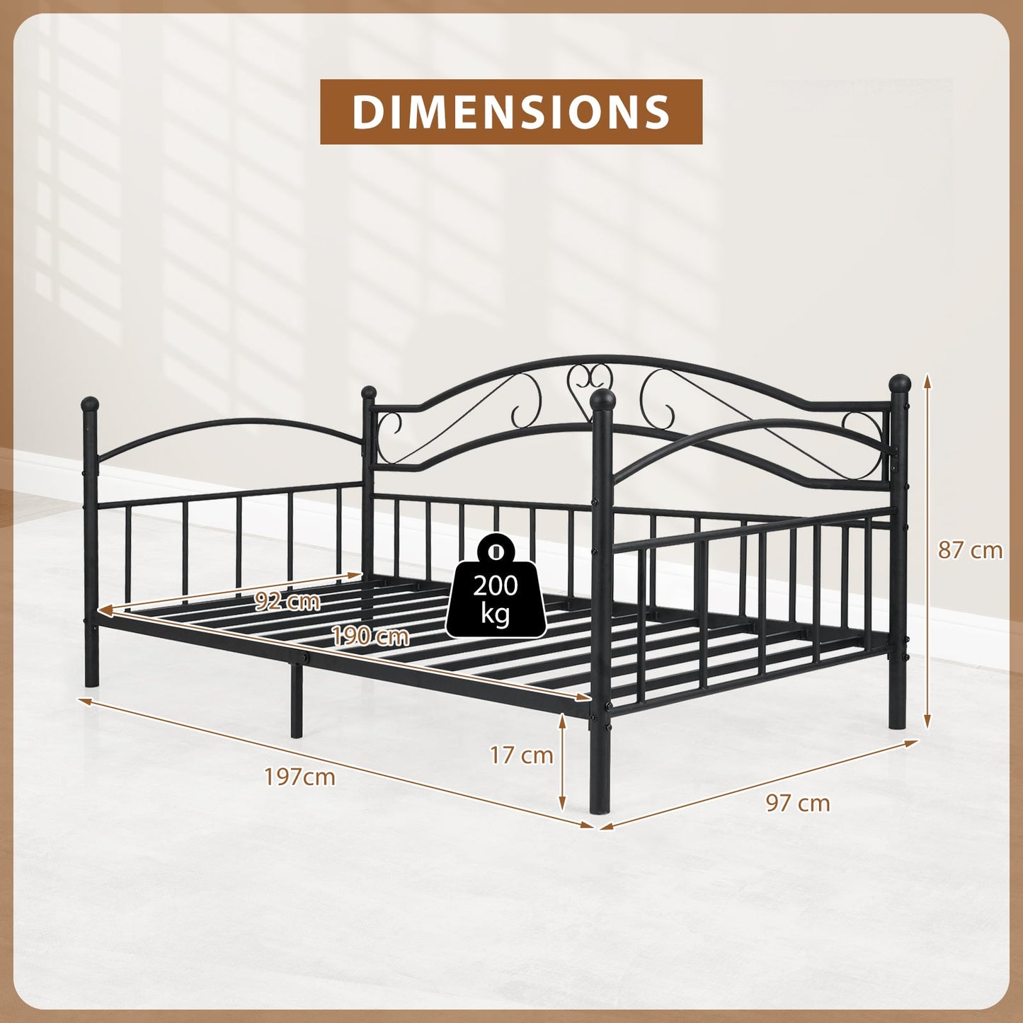 Metal Daybed Frame Sofa Bed with Classic Headboard Platform Bed Foundation-Black