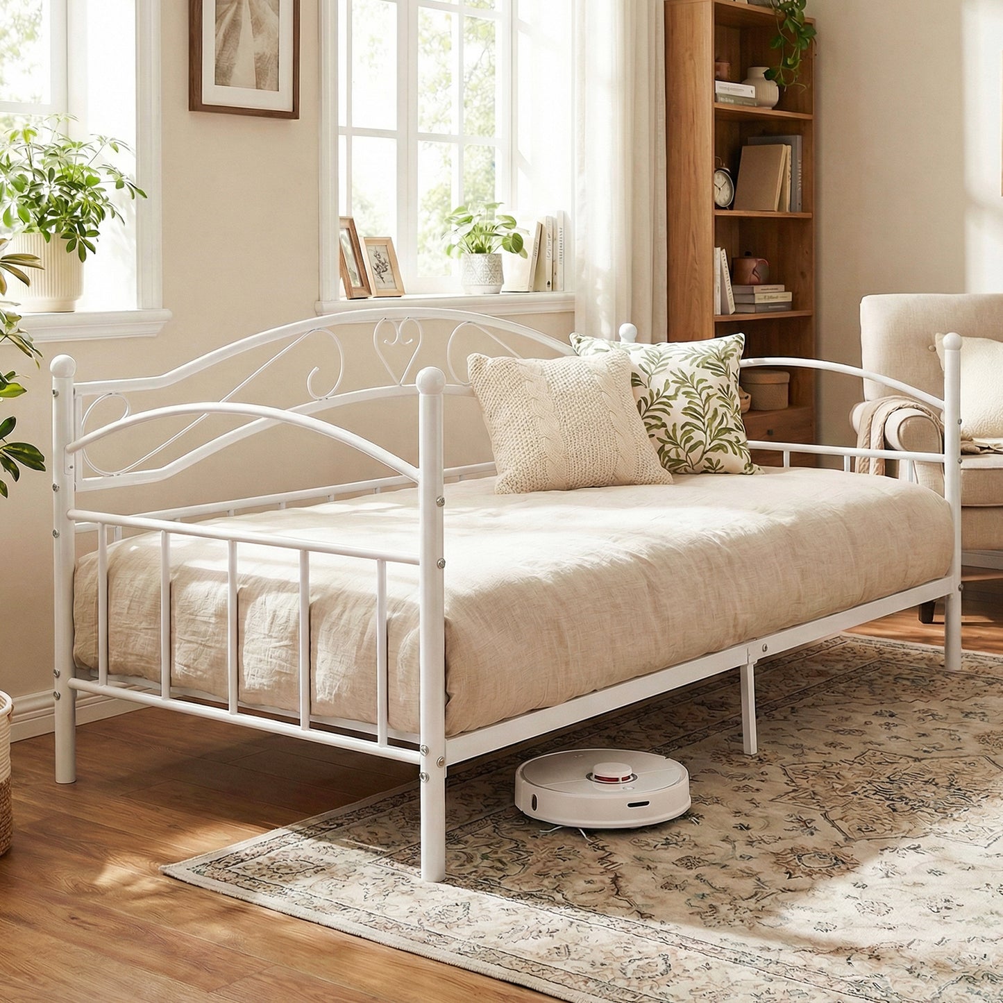 Metal Daybed Frame Sofa Bed with Classic Headboard Platform Bed Foundation-White